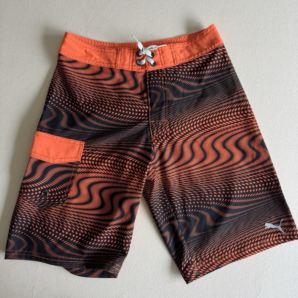 Puma Big Boys Size M 10-12 Graphic Board Shorts Unlined Swim Suit Orange Blue